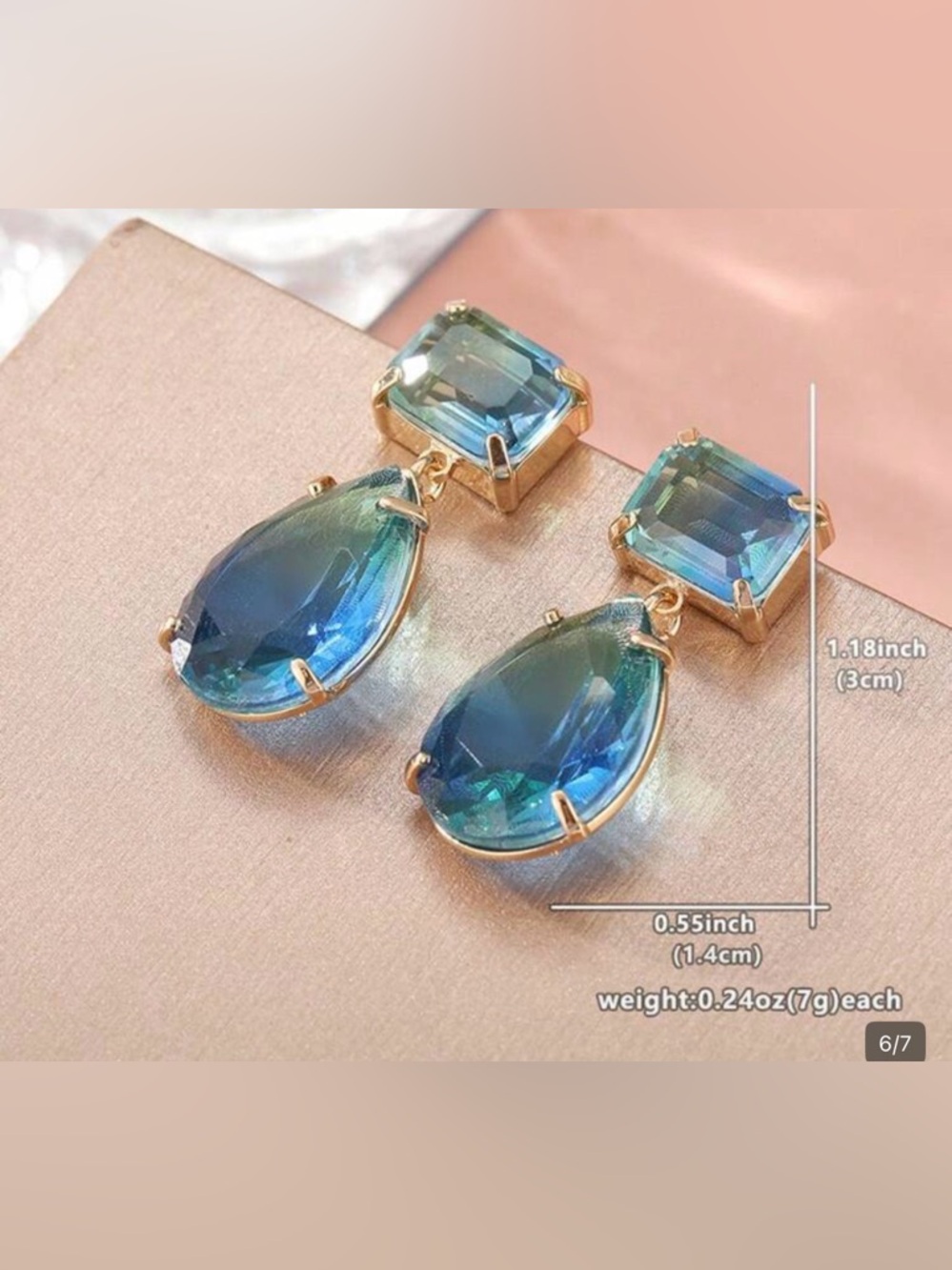 Gold-Setting Blue-Green Teardrop Crystal Drop Earrings - Picture 3 of 3
